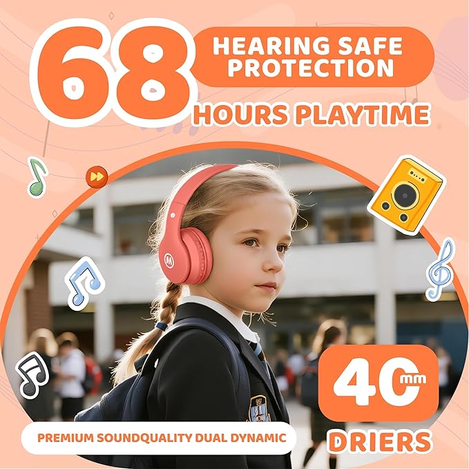 Headphones Kids Bluetooth 5.4 Wireless Play Time 68H Safe Volume Limit 85/94dB Over-Ear Foldable Headset,Fast Charging,with Aux Cord Built-in Mic for Toddler Child Pad Study Tablet Coral
