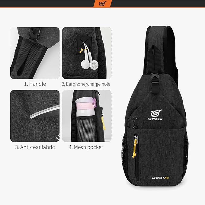 SKYSPER Sling Bag Crossbody Backpack - Chest Shoulder Cross Body Bag Travel Hiking Casual Daypack for Women Men(Jet Black)