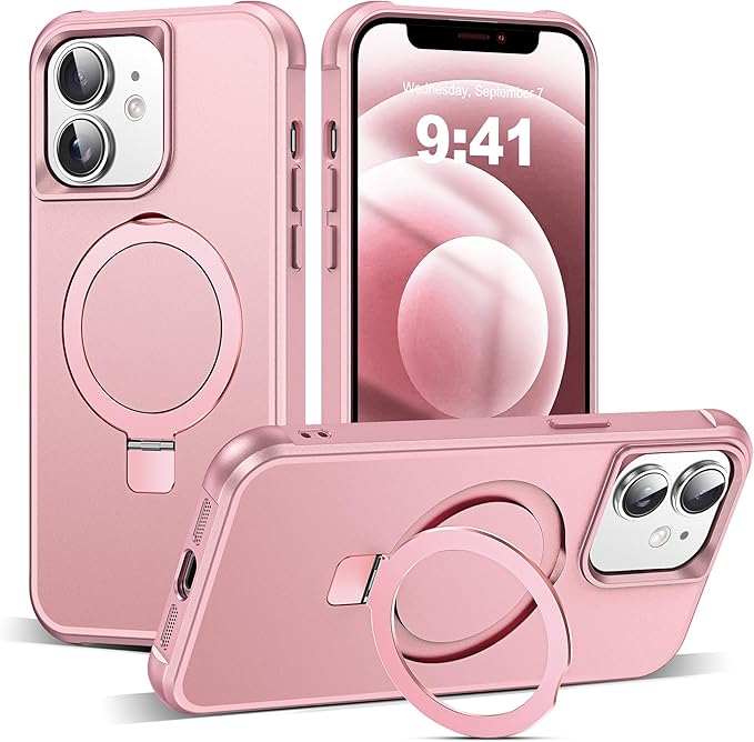 Compatible with iPhone 12 Case & iPhone 12 Pro Case 6.1" with Invisible Magnetic O-Ring Stand [Compatible with Mag-Safe][Great Grip Feeling], Rose Gold