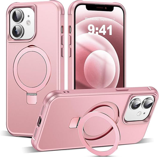 Compatible with iPhone 12 Case & iPhone 12 Pro Case 6.1" with Invisible Magnetic O-Ring Stand [Compatible with Mag-Safe][Great Grip Feeling], Rose Gold