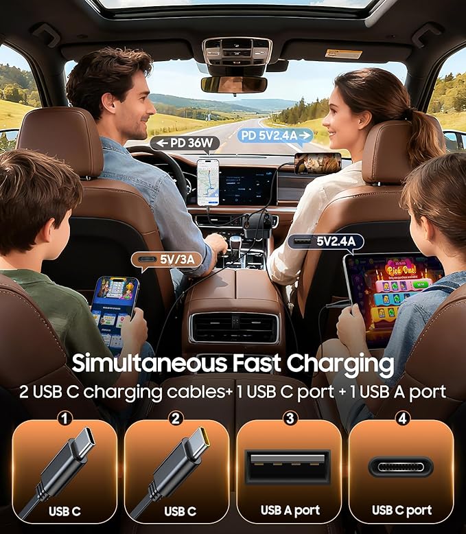 Temdan Retractable Car Charger, 4 in 1 Fast Charger USB C Car Truck Accessories, Travel Essentials Gifts for Women Men, Car Accessories for iPhone 17 Pro Max Air 16 15 14 13 Plus,Galaxy,Pixel-Black