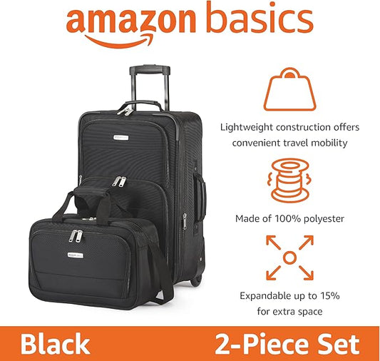 Amazon Basics Luggage Sets, Carry-On 23-Inch, tote 15-Inch, Suitcase With Wheels, Expandable Extra Space (+15%), Front Pockets and Telescopic Handle, Black