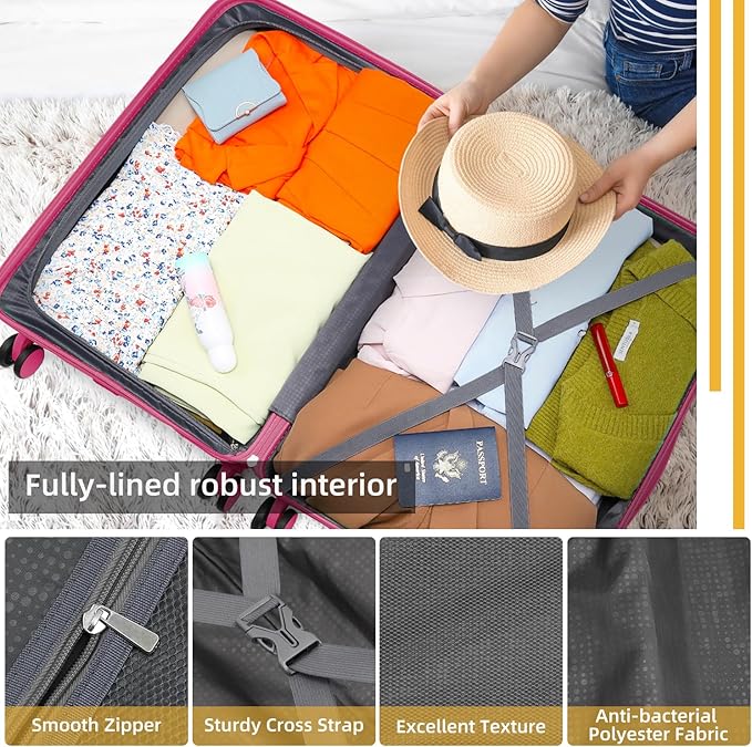 LARVENDER Luggage Sets 3 Piece, Hardside PP Carry On Suitcase with 360° Spinner Wheels TSA Lock Luggage Sets for Women, Beetroot Purple