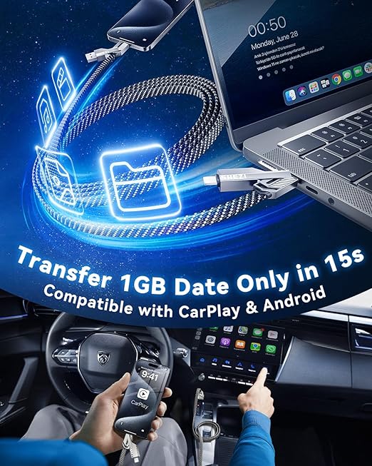 [One is Enough] 4-in-1 Compatible with USB C to Lightning Cable, 60W High-Speed Charging & Fast Data Transfer,CarPlay & Android Auto Support Multi Charger Cord Combo for iPhone/Samsung/iPad,5FT