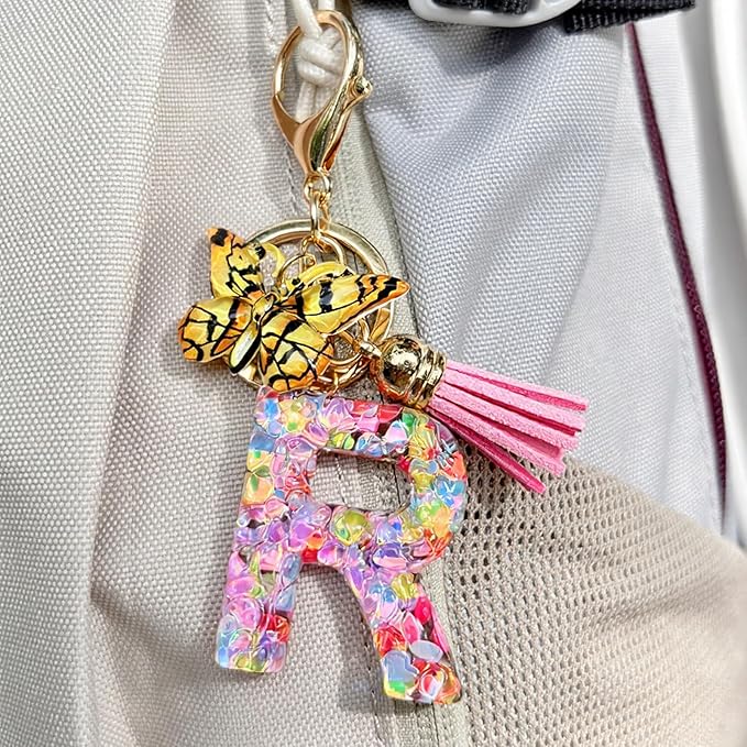 Cute Initial Letter Keychains for Girls Women with Tassel Butterfly Colourful Alphabet Keychain for Backpacks