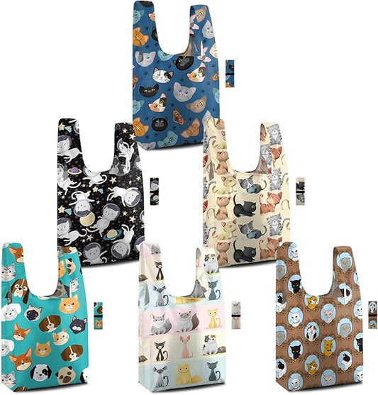BeeGreen Reusable Grocery Bags 6 Pack - Foldable, Heavy Duty Shopping Tote Bags with Zipper Pouch, Large Capacity (50+ Lbs), Animal Prints Designs for Women & Men, Machine Washable