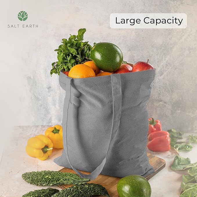 Salt Earth Pack of 5 | 6 | 12 | 24 | 48 – 100% Cotton Reusable Tote Bags – Bulk Grocery, Shopping, DIY, Beach & Gift Use