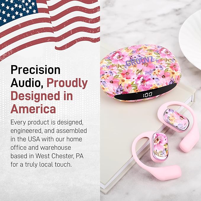 Groovz Open-Ear True Wireless Headphones with Smart Battery Display - Designed and Engineered in The USA - IPX5-Rated Bluetooth Open Ear Earbuds Compatible with Apple & Android - Floral