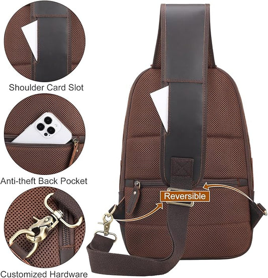 TIDING Men's Vintage Leather Crossbody Sling Bag Outdoor Travel Chest Bag Shoulder Daypack Fits 12.9" iPad