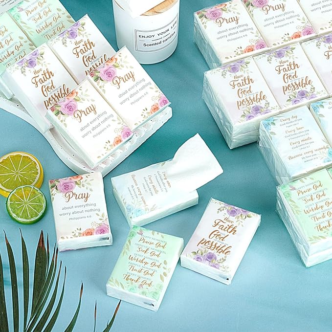 120 Pack Bible Theme Facial Tissues Individual Pack Bulk Christian Pocket Size Travel Kleenex with Floral Pattern for Holiday Graduation Ceremony Wedding Church Supplies 3 Ply