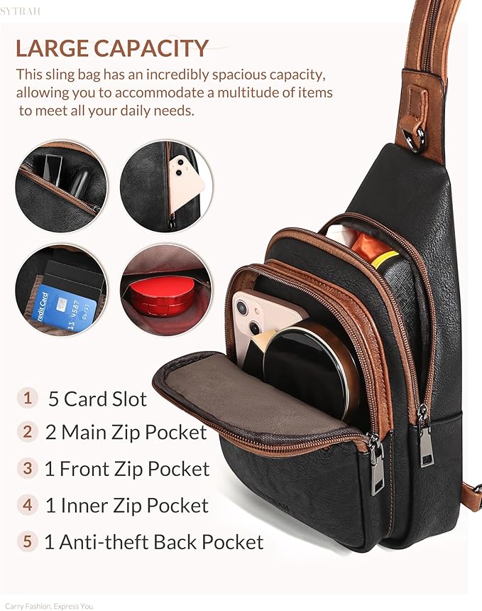 Sling Bag for Women, Crossbody Bags for Women Trendy Crossbody Purse Vegan Leather Sling Backpack Chest Bag with Dual Purpose Strap, Black Brown