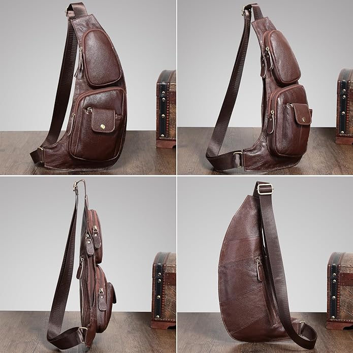 KPYWZER Vintage Leather Sling Bag Backpack for Men Crossbody Shoulder Chest DayPack Backpacks