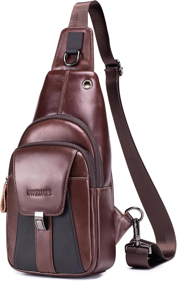 LUKZIJAES Genuine Leather Sling Bag for Men Vintage Crossbody Bag Men Chest Pack Mens Cross Shoulder Bags Hiking Daypacks Travel Backpack (#2-Coffee)