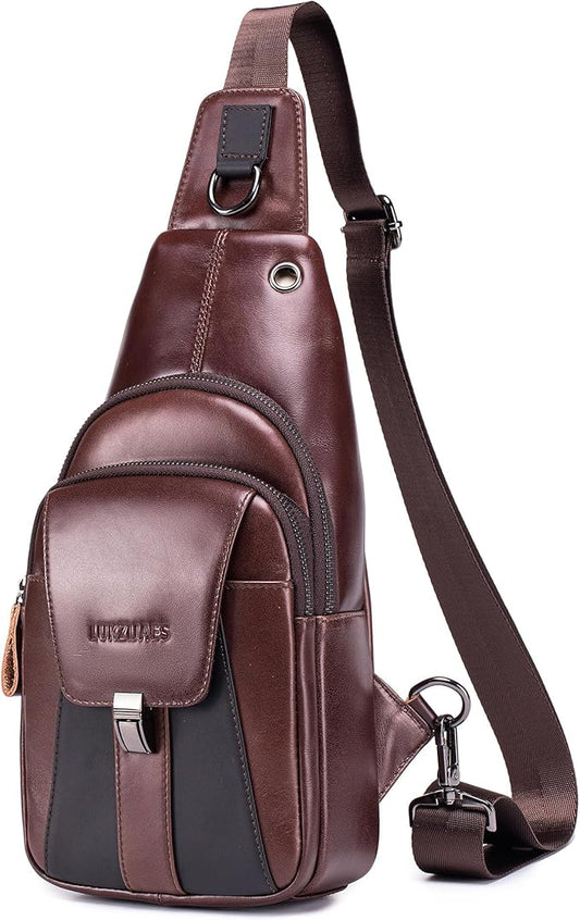 LUKZIJAES Genuine Leather Sling Bag for Men Vintage Crossbody Bag Men Chest Pack Mens Cross Shoulder Bags Hiking Daypacks Travel Backpack (#2-Coffee)