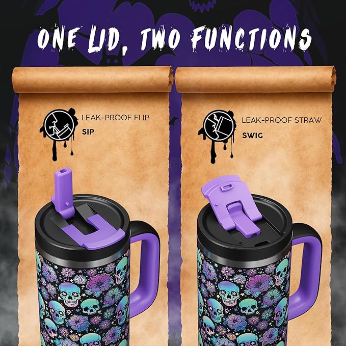 40oz Halloween Tumbler with Handle and Straw, Stainless Steel Insulated Water Bottle with Straw, Leak-Proof, Cup Holder Friendly, Keeps Cold 24 H, Gifts for Women Men, Floral Afterlife