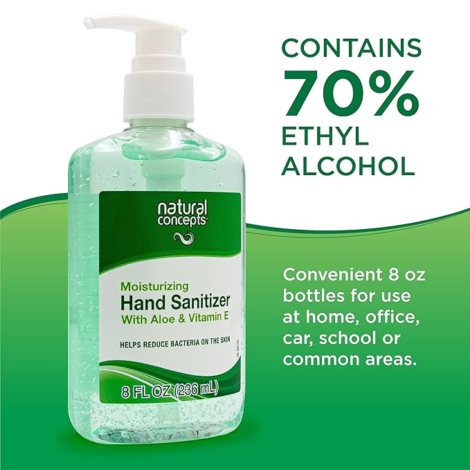 | 70% Ethyl Alcohol with Aloe and Vitamin E, Hand Sanitizer Gel | Made in Canada | 8-oz Bottle, 12-Pack | with Pump