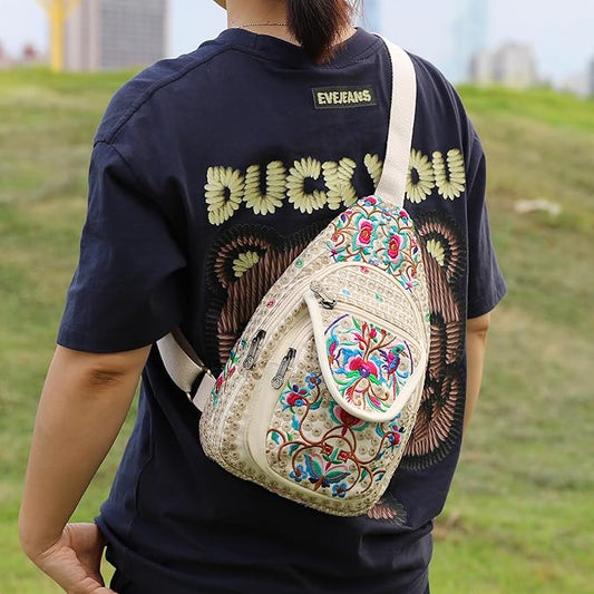 SILKAREA Vintage Floral Small Sling Bag for Women's Chest Purse Handbag Shoulder Bag Travel Embroidered Backpack Purse (Beige Red)