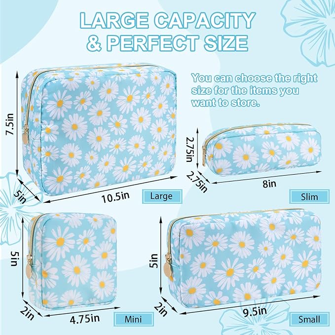 Waterproof Small Floral Makeup Bag Pouch for Purse,Nylon Flower Cosmetic Bag Preppy Travel Toiletry Storage Bag for Women Girl,Cute Makeup Organizer Bag Skincare Bag with Zipper(Small Blue-Daisy)