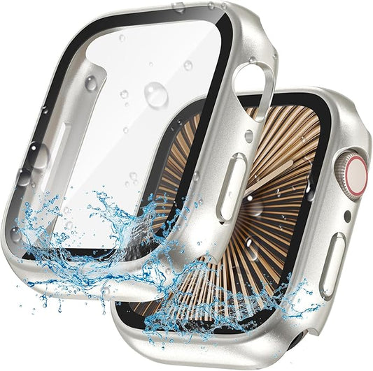 2 in 1 Waterproof Case for Apple Watch Screen Protector 45mm Series 7 8 9 Accessories with Tempered Glass Film Protective & PC Bumper Cover Compatible iWatch 45mm