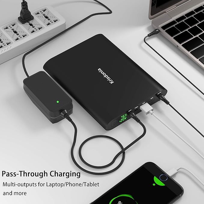 Krisdonia 50000mAh Laptop Power Bank 5/9/12/16/19/20V Portable Laptop Battery Charger with QC3.0 USB-A Port & 12V Type-C Port for Laptop, Tablet, Smartphone and More Devices