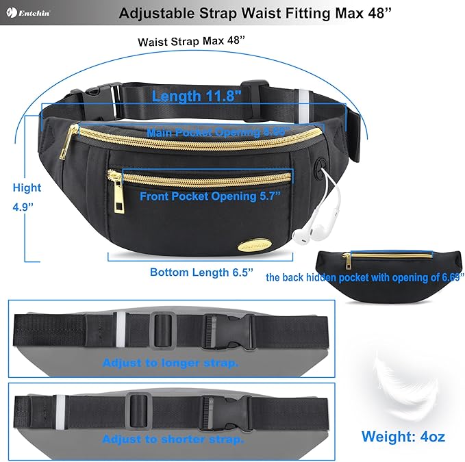 Entchin Fanny Pack for Women Men,Crossbody Belt Bag with 4-Zipper Pockets,Adjustable Waist Bag Pack,One of the Most Popular Travel Essential Gifts for Walking,Traveling,Cycling