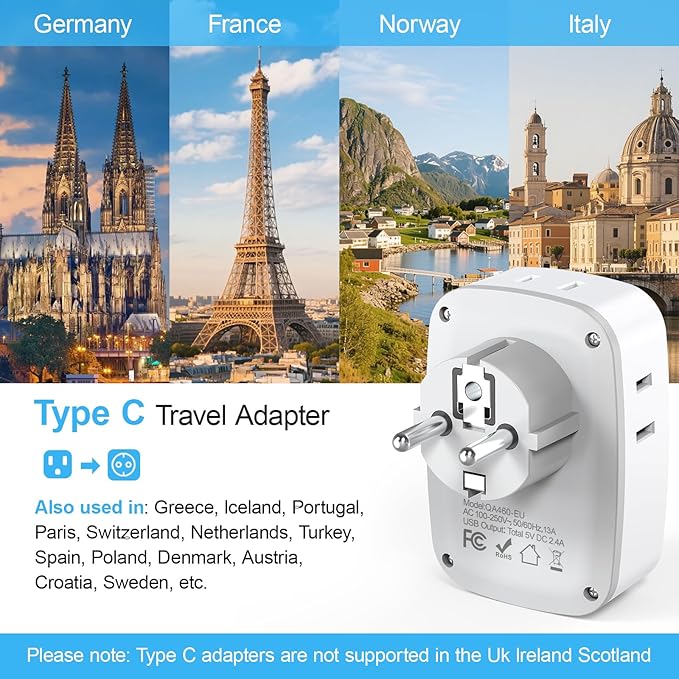 European Travel E F Plug Adapter, International Power Adapter with 4 AC Outlets 3 USB Charging Ports, Type C Outlet Adaptor Charger for US to EU Most of Europe EU Iceland Spain Italy France Germany