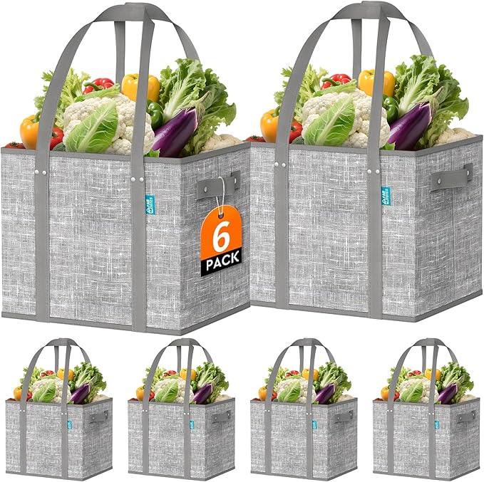 Fab totes Reusable Grocery Bags, Large Foldable Shopping Tote Bags with Reinforced Handles & Hard Bottom,Water Resistant Grocery Bags for kitchen,Picnic,6 Pack, Grey