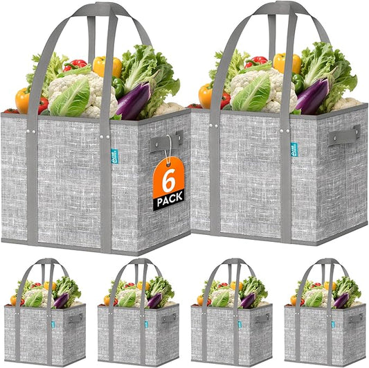 Fab totes Reusable Grocery Bags, Large Foldable Shopping Tote Bags with Reinforced Handles & Hard Bottom,Water Resistant Grocery Bags for kitchen,Picnic,6 Pack, Grey