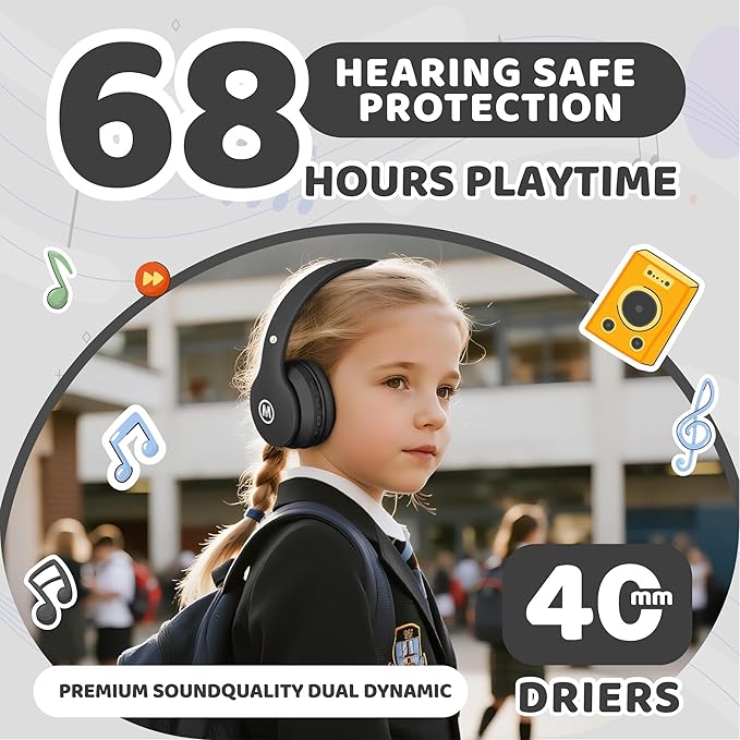Headphones Kids Bluetooth 5.4 Wireless Play Time 68H Safe Volume Limit 85/94dB Over-Ear Foldable Headset,Fast Charging,with Aux Cord Built-in Mic for Toddler Child Pad Study Tablet Black