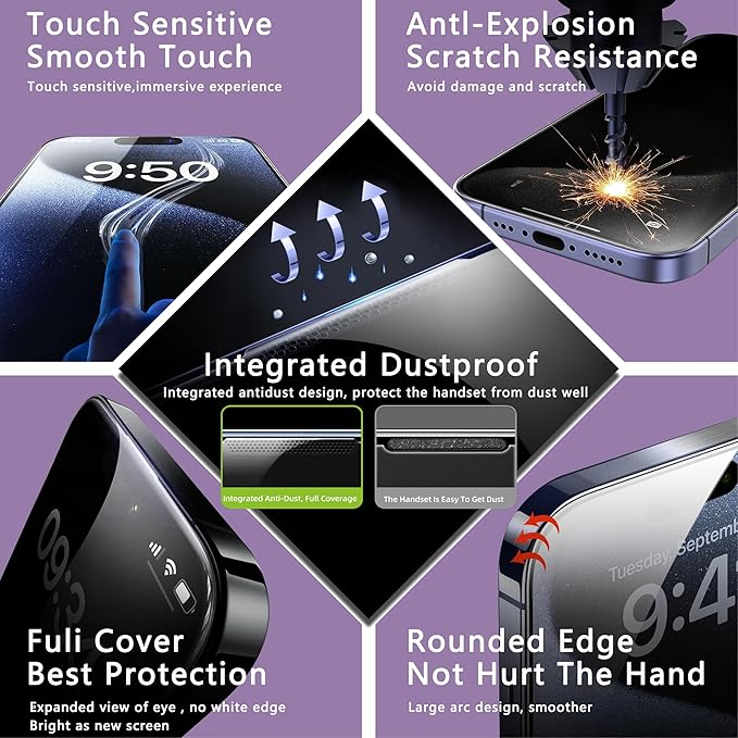 2 Pack Privacy Screen Protector for iPhone 16 Pro Max, 9H Tempered Glass, Full Coverage, Anti-Fingerprint, Auto Dust-Elimination, No Bubble, Easy Installation