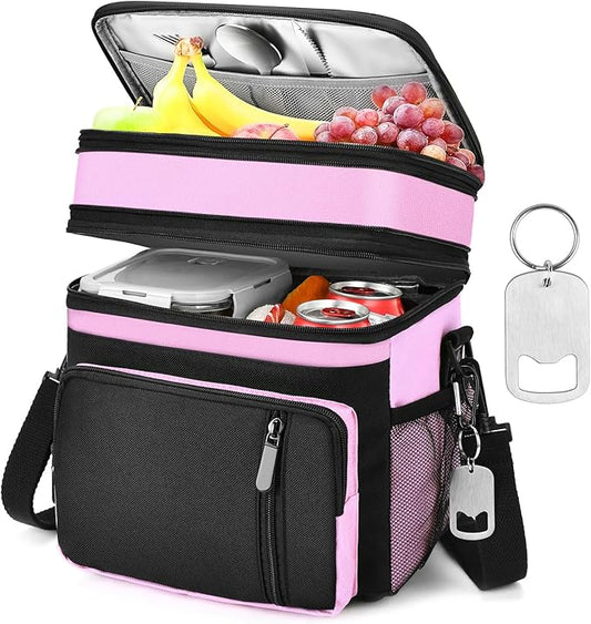LOKASS Lunch Bag & Lunch Box for Men Women - Double Deck Expandable Insulated Waterproof Leakproof Cooler Bag for Work/Picnic - Pink