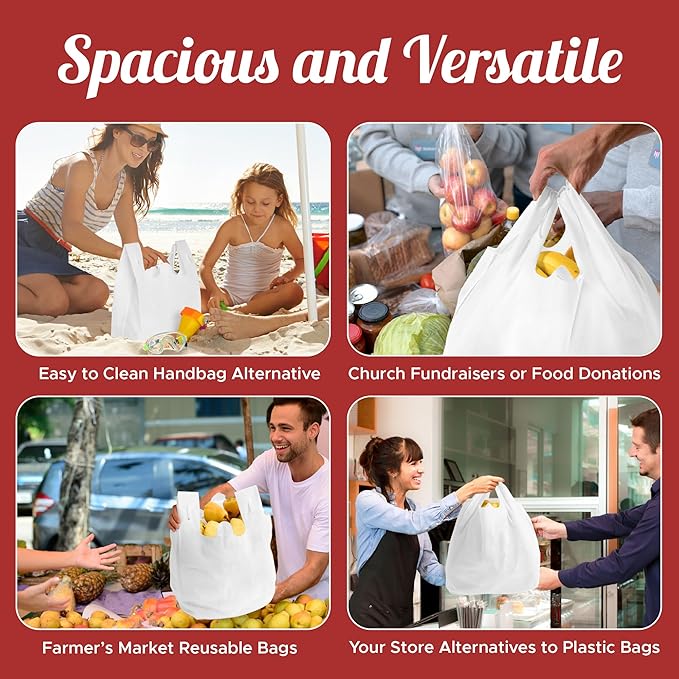 Simply Cool 450 Pack Reusable Eco-Friendly Grocery T-Shirt Shopping Bags 21.5"x12.2"x7.2" Durable, Recyclable Washable Foldable Portable Shopping Tote Bags Bulk