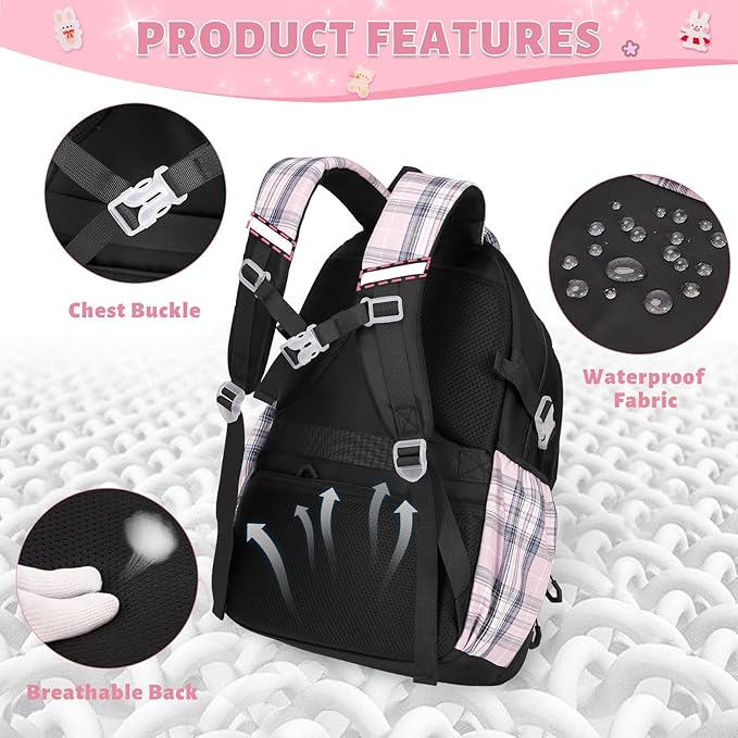 Backpack for Girls, Kids Girls Backpacks Set with Lunch Bag Pencil Case, Cute Bookbag Waterproof Backpack for Elementary Middle School, Black-Pink