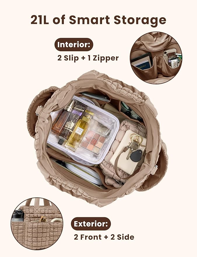 Yarnic Large Puffer Tote Bag for Women, Lightweight 21L Bag with 7 Pockets for School, Travel, Work, Gym Overnight Use