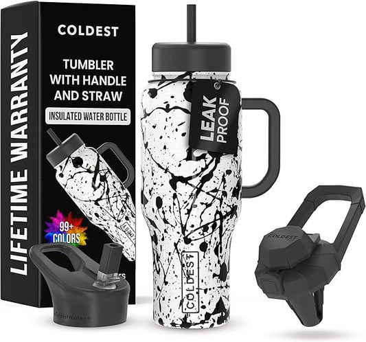 Coldest Tumbler with Handle and Straw - 100% Leak Proof Insulated Tumbler with Lid and Straw (3 Lids) - Stainless Steel Tumblers for Women & Men - Cup Holder Friendly Base, 36 oz (Dark Matter)