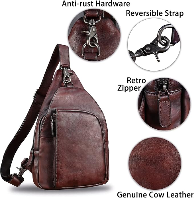 Genuine Leather Sling Bag for Men and Women Vintage Real Leather Sling Backpack Shoulder Crossbody Bag Chest Bag