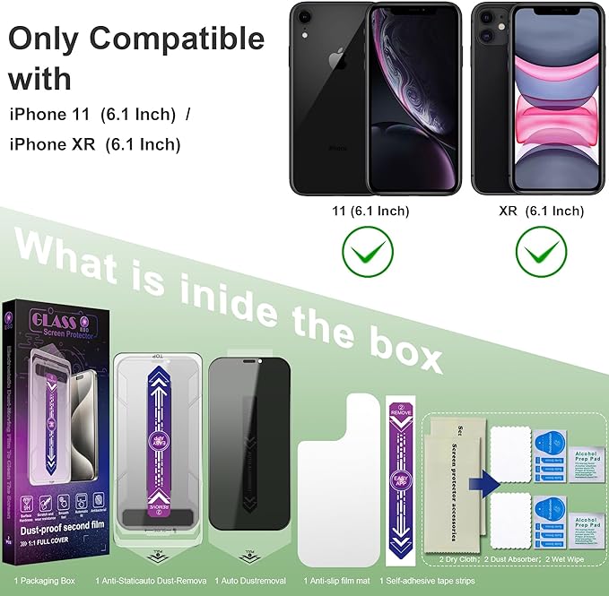 2 Pack Privacy Screen Protector for iPhone 11 and iPhon XR 6.1-Inch Auto Dust Removal, No Bubbles,Anti-Spy Tempered Glass Film, Easy Installation