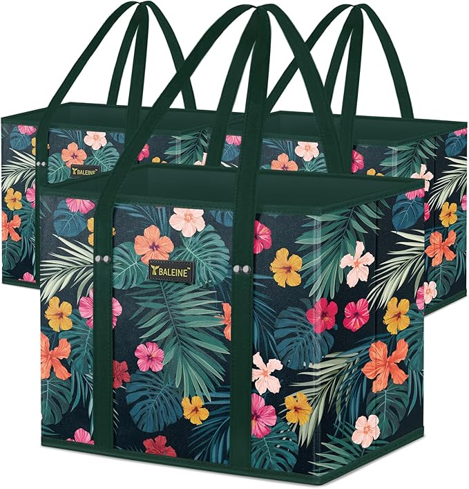 BALEINE 3Pk Reusable Grocery Bags, Foldable Shopping Bags for Groceries with Reinforced Bottom & Handles (Blossom Season)