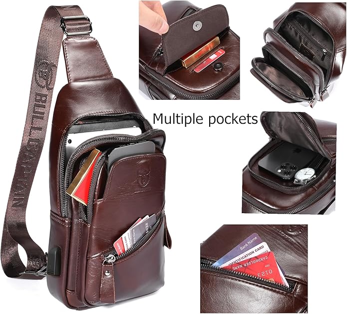 BULLCAPTAIN Mens Leather Sling Bag Backpack Casual Outdoor Shoulder Crossbody Chest Bag with USB Charging Port
