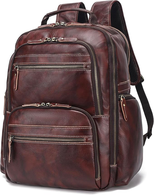 Vintage Full Grain Leather Backpack For Men, 17.3'' Laptop Bag Causal Rucksack Shoulder Bag Overnight For Business/Hiking/Travel