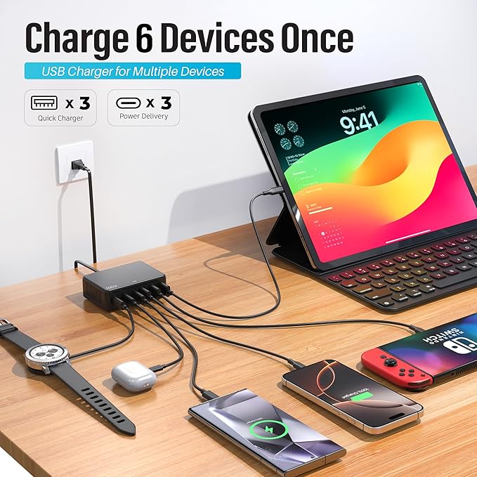 TT&C 100W USB-C Fast Charger, GaN III 6 Port PD+QC Multiport Charging Station Hub Block Cube, USB-C Wall Charger Power Strip Adapter Plug for iPhone 17,17 Air,16,15, Pro Max, Galaxy S25, S24-5ft Cord