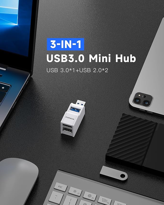 Mini USB Hub 3-Port USB Splitter 1 in 3 Out, USB Expander Adapter with USBA 3.0 Data Transfer Port, 2 USB 2.0 Ports Hub, USB Dongle for PC, Laptops, Keyborad, Mobile Hard Disk and More(White)