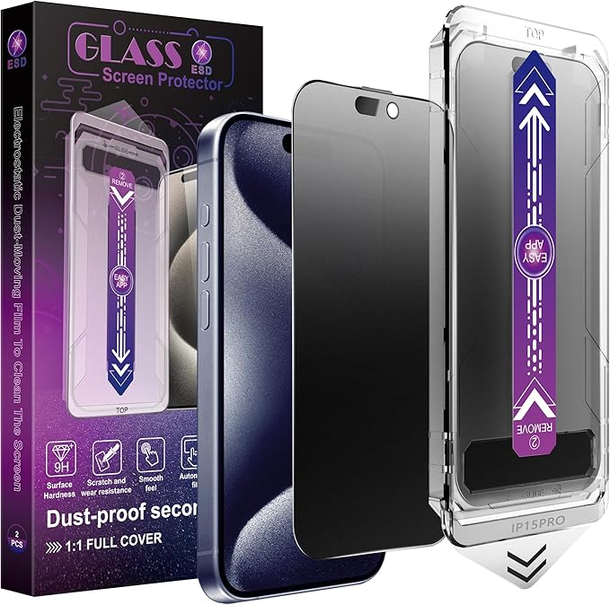 CHISHA 2-Pack Matte Privacy Screen Protector for iPhone 15 Pro 6.1-Inch, Auto Dust Removal, No Bubbles,Anti-Spy Tempered Glass Film, Easy Installation