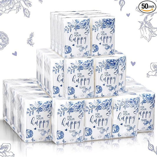 Spiareal 50 Pcs Blue Flower Happy Tears Tissues for Wedding Bulk 3 Ply for Your Happy Tears Wedding Tissues for Guests Pocket Paper Mini Travel Size for Party Favor Graduation