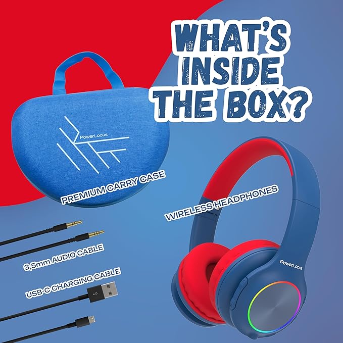 PowerLocus PLED Kids Bluetooth Headphones, Kids Wireless Headphones with LED Lights, 74/85/94dB Safe Volume, Micro SD, AUX Cable, Hi-Fi Stereo, Built-in Mic Over Ear Kid Headphone for Travel/Tablet/PC