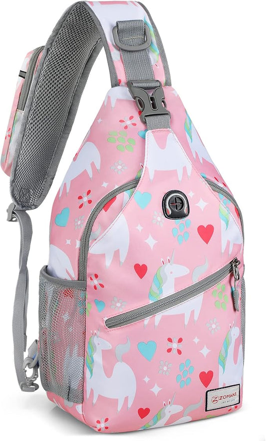 ZOMAKE Sling Bag,Small Crossbody Sling Backpack,Water Resistant Shoulder Daypack for Travel,Anti Thief Chest Bag for Hiking(Unicorn Pink)