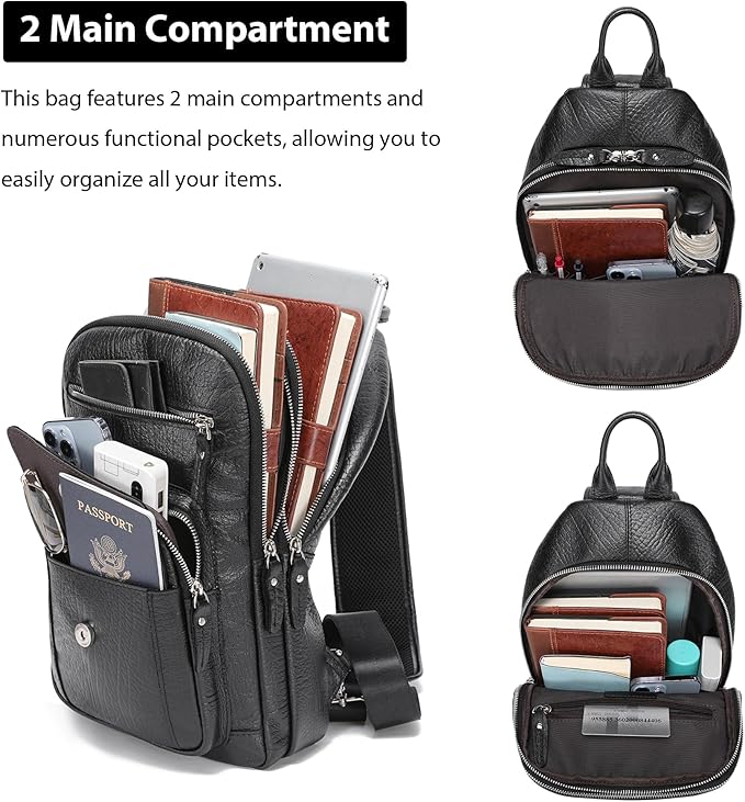 LANNSYNE Full Grain Leather Casual Sling Bag For Men Hiking/Travel/Business Crossbody Chest Bag Fits 12.9" iPad