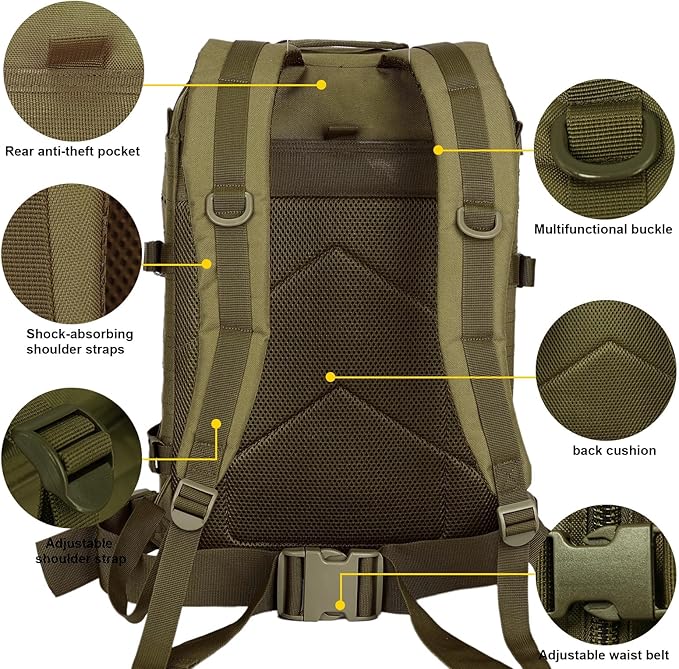 40L Tactical Backpack, Camouflage Military Bug Out Bag, Durable MOLLE Hiking Camping Gear (GREEN)