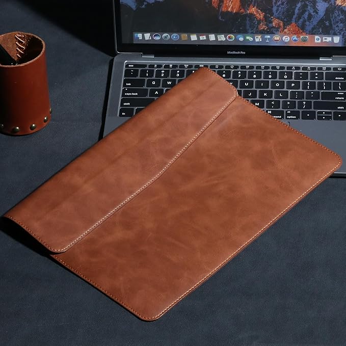 Leather Laptop Sleeve Compatible with MacBook Pro 16 Inch M4 M3 M2 M1 Pro/Max＆MacBook Air 15 Inch M4 M3 M2, Genuine Leather Protective Case Cover,Brown