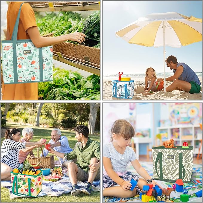 BALEINE 3Pk Reusable Grocery Bags, Foldable Shopping Bags for Groceries with Reinforced Bottom & Handles (Spring Stroll)